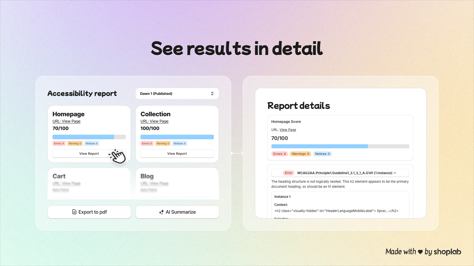 Detailed accessibility reports for each store page