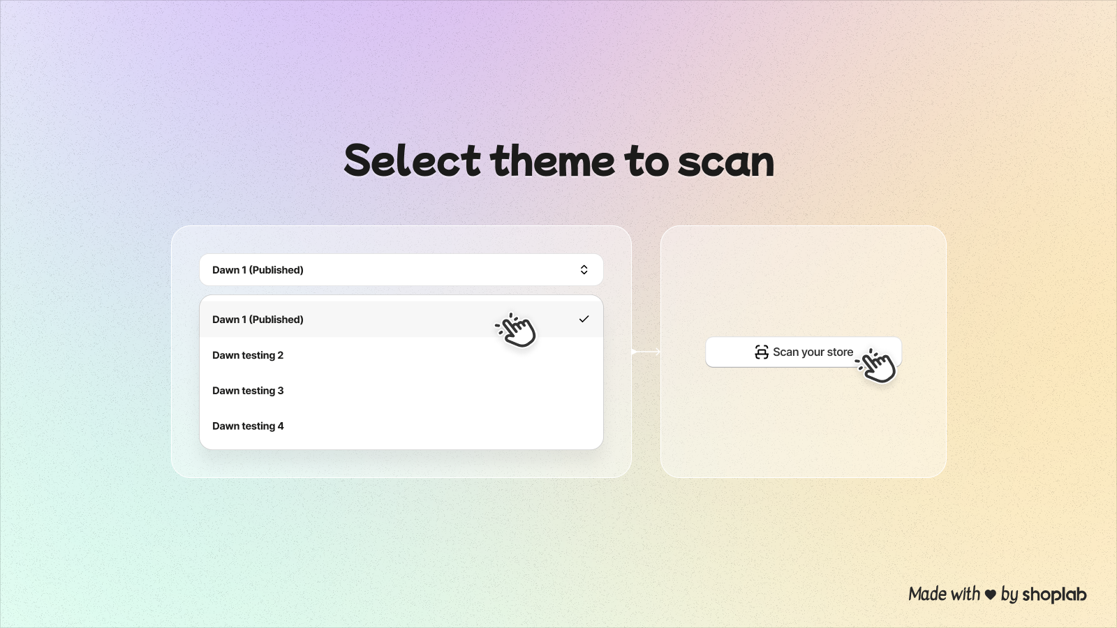 Dropdown to select theme and scan Shopify store for issues