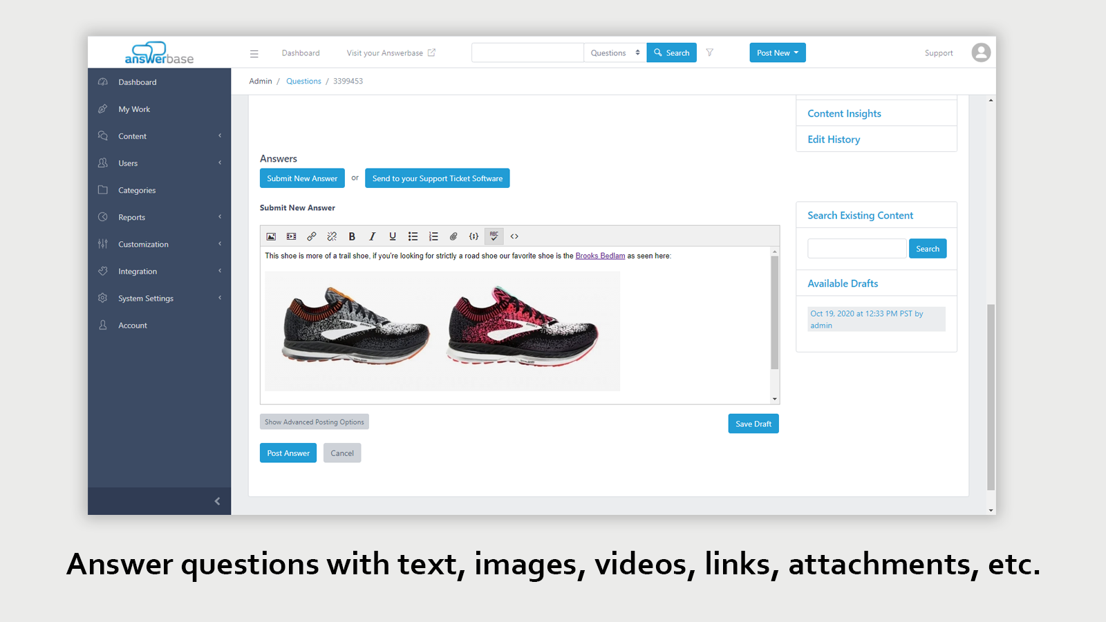 Create answers and articles with text images and video