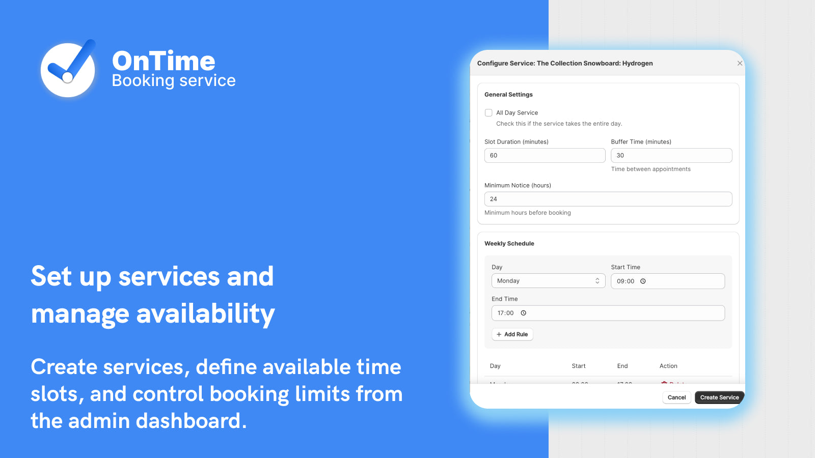 Booking widget on product page with date and time slots