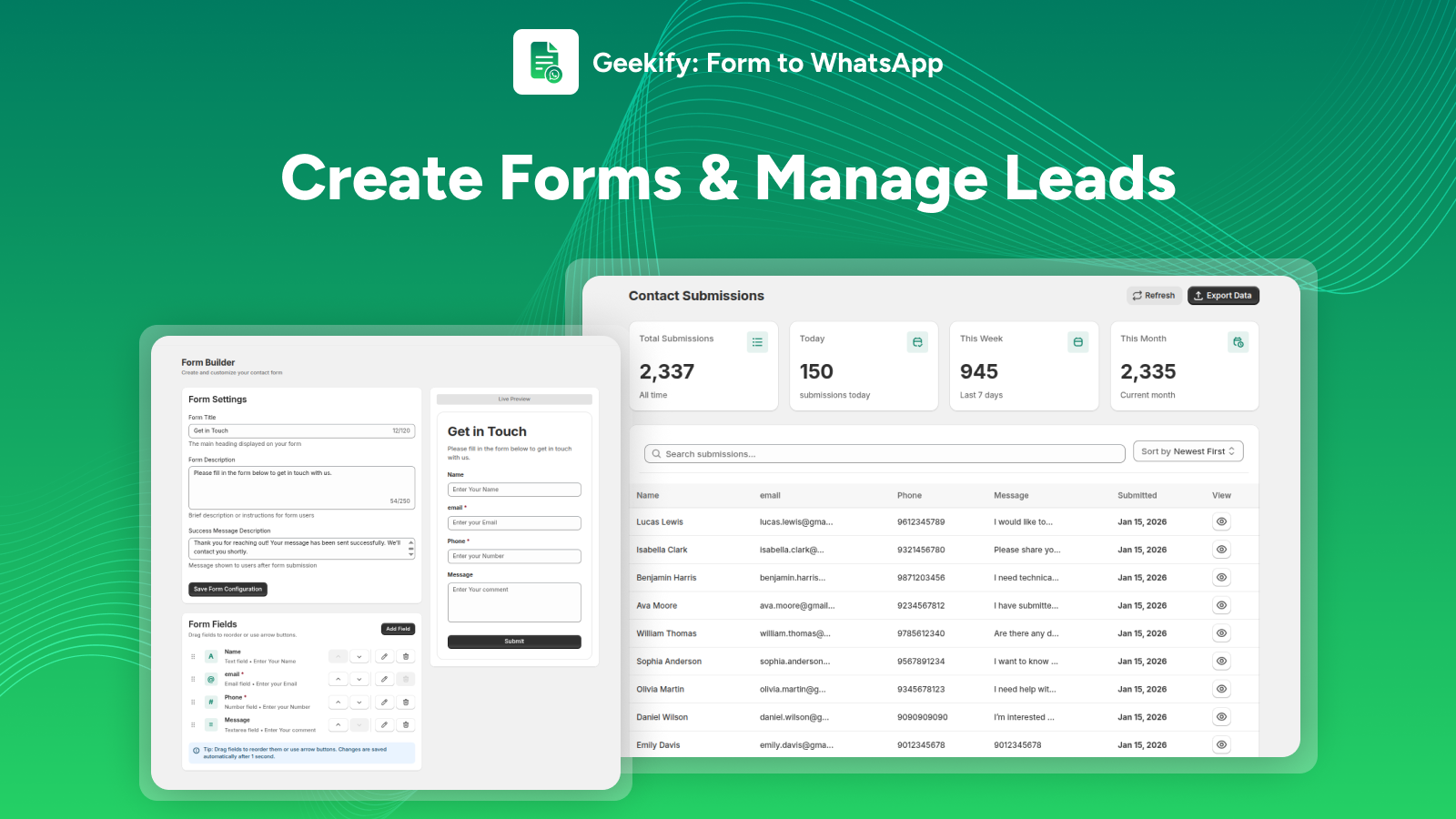 Create contact forms and manage WhatsApp leads easily
