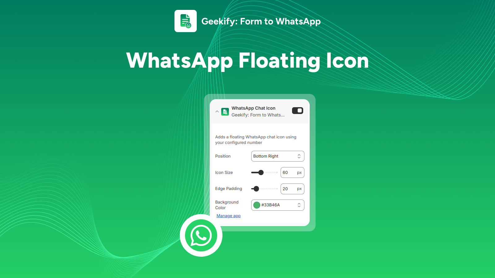 WhatsApWhatsApp floating chat icon with custom size and position