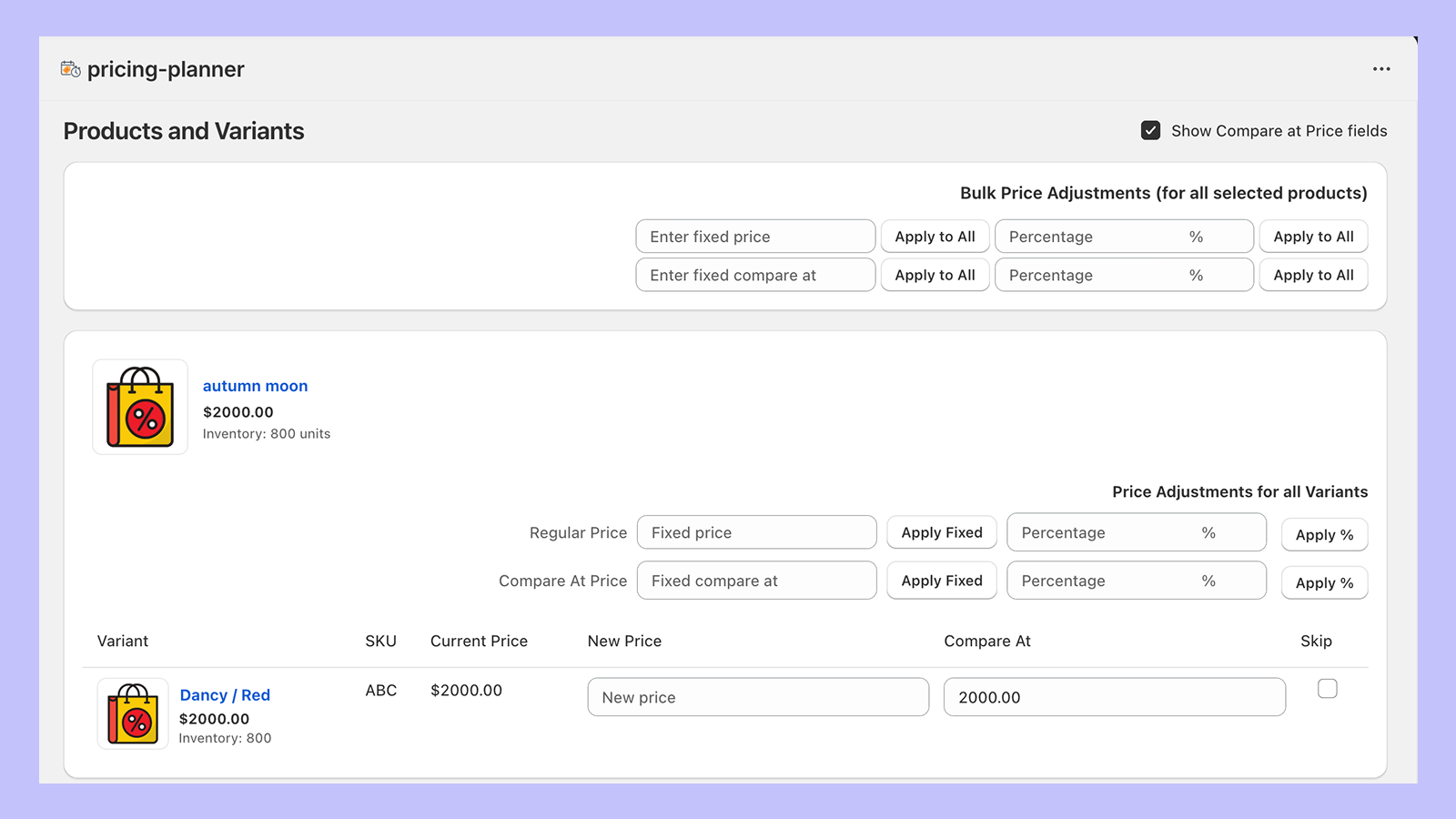 Price Planner- Bulk Price & Compare at Adjustment