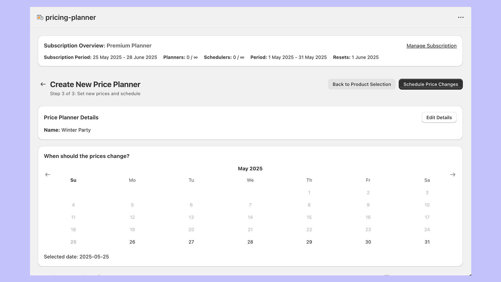 Price Planner- Date Picker