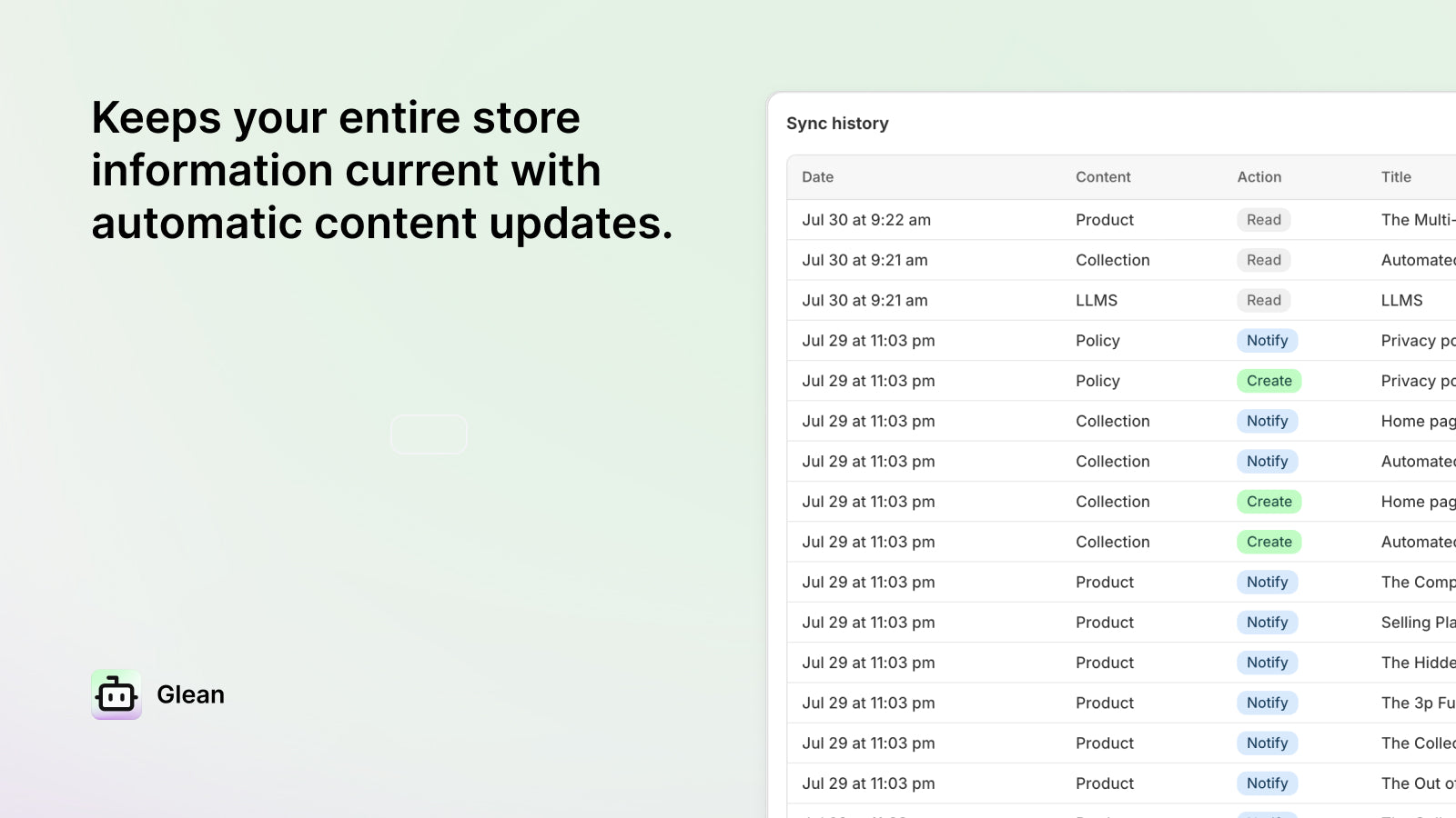 Glean AI sync history screenshoot