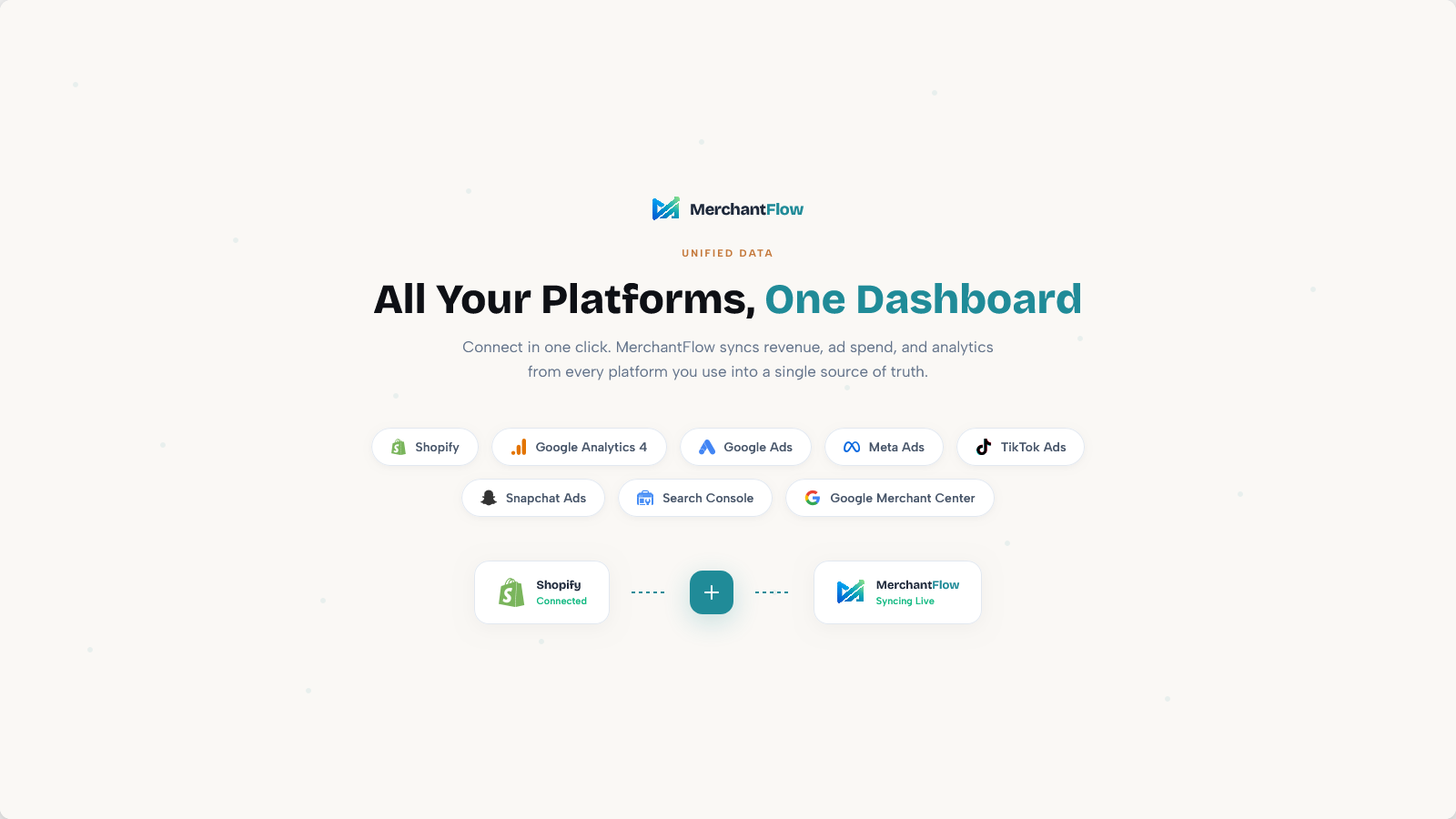 Sync Shopify, GA4, Google Ads, Meta, TikTok, and more.