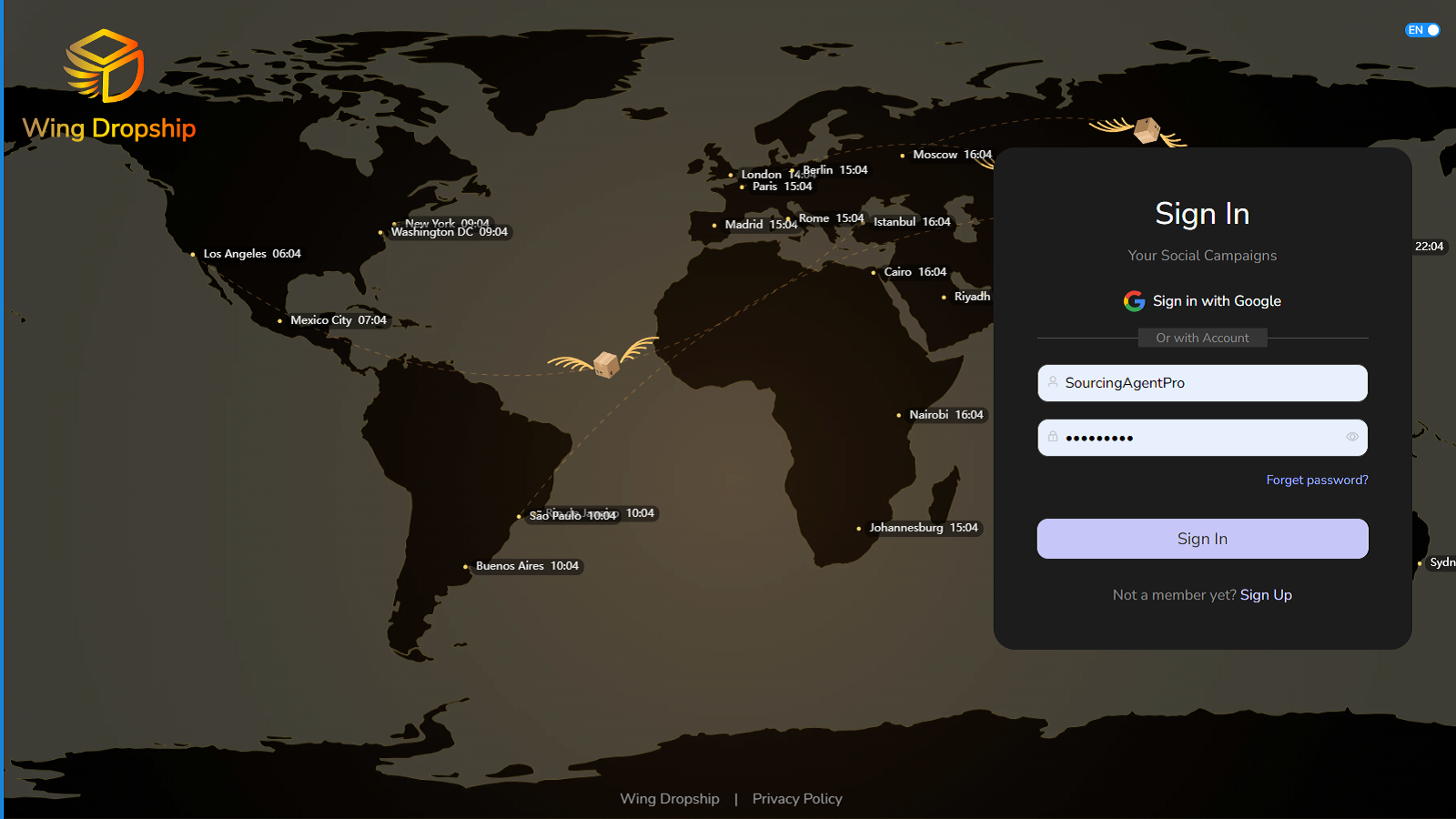 Wing Dropship login page