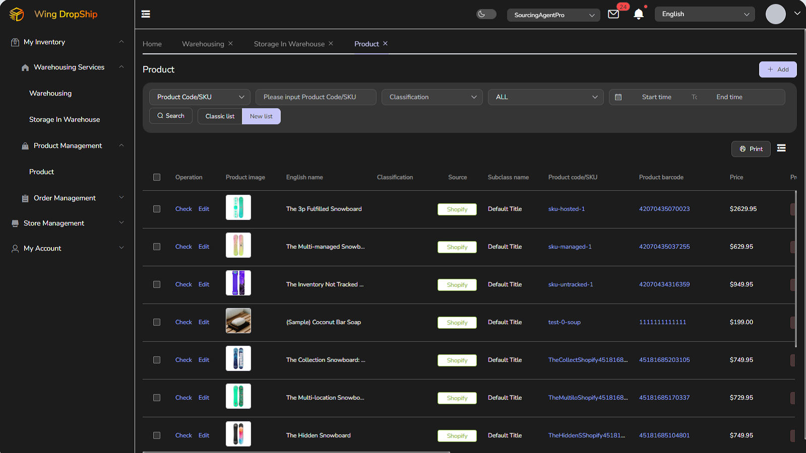 Product management dashboard listing Shopify synchronized items