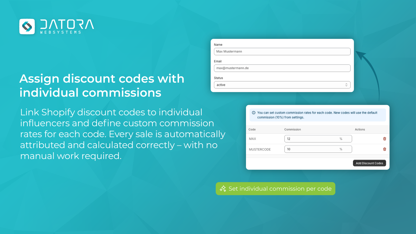 Assign discount codes with individual commissions