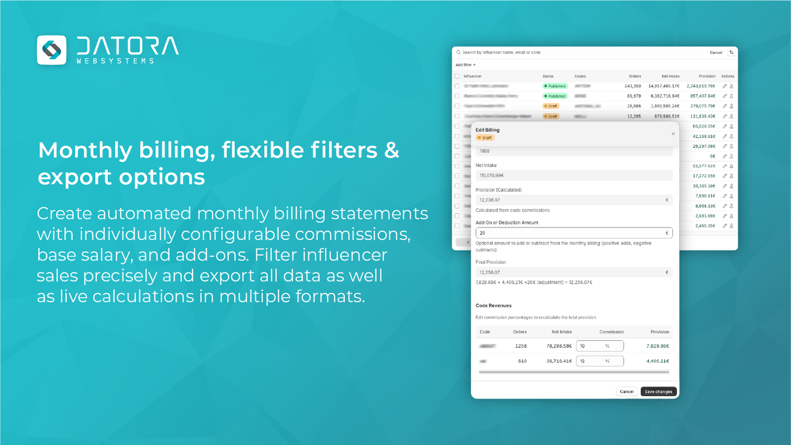 Monthly billing, flexible filters & export options