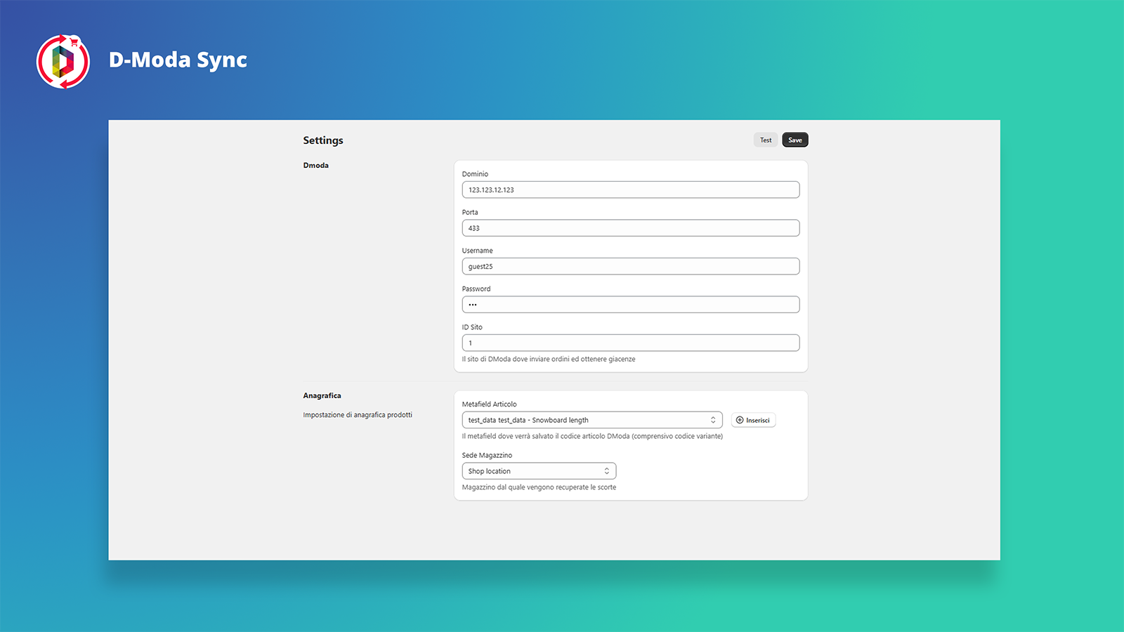 Pagina di configurazione impostazioni