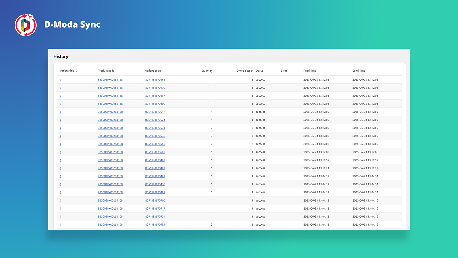 Tabella di storico sincronizzazione giacenze