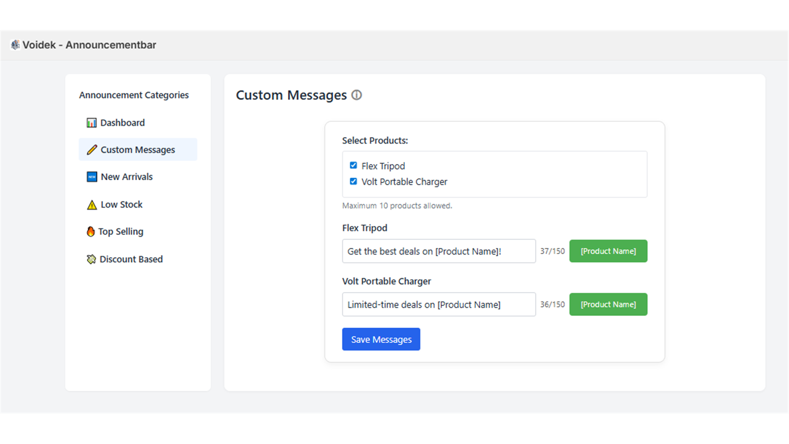 Custom message feature settings with Voidek Announcementbar