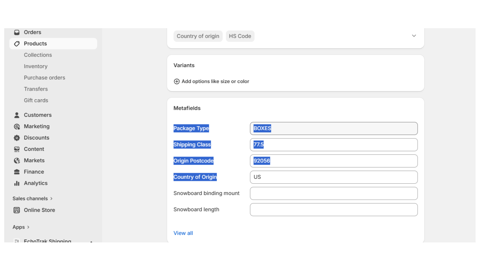 Product page with custom attributes