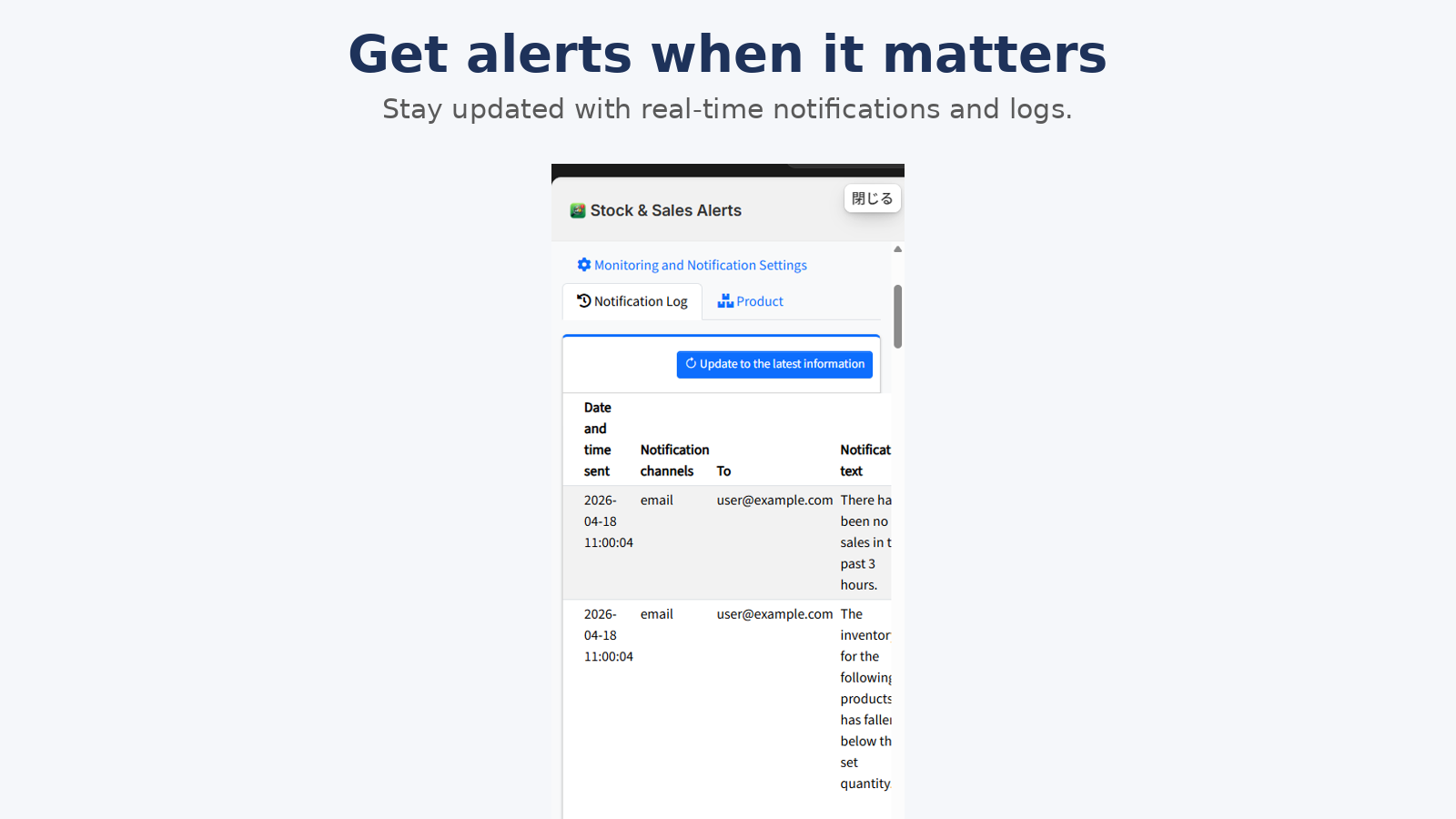 View real-time alert logs for stock and sales activity