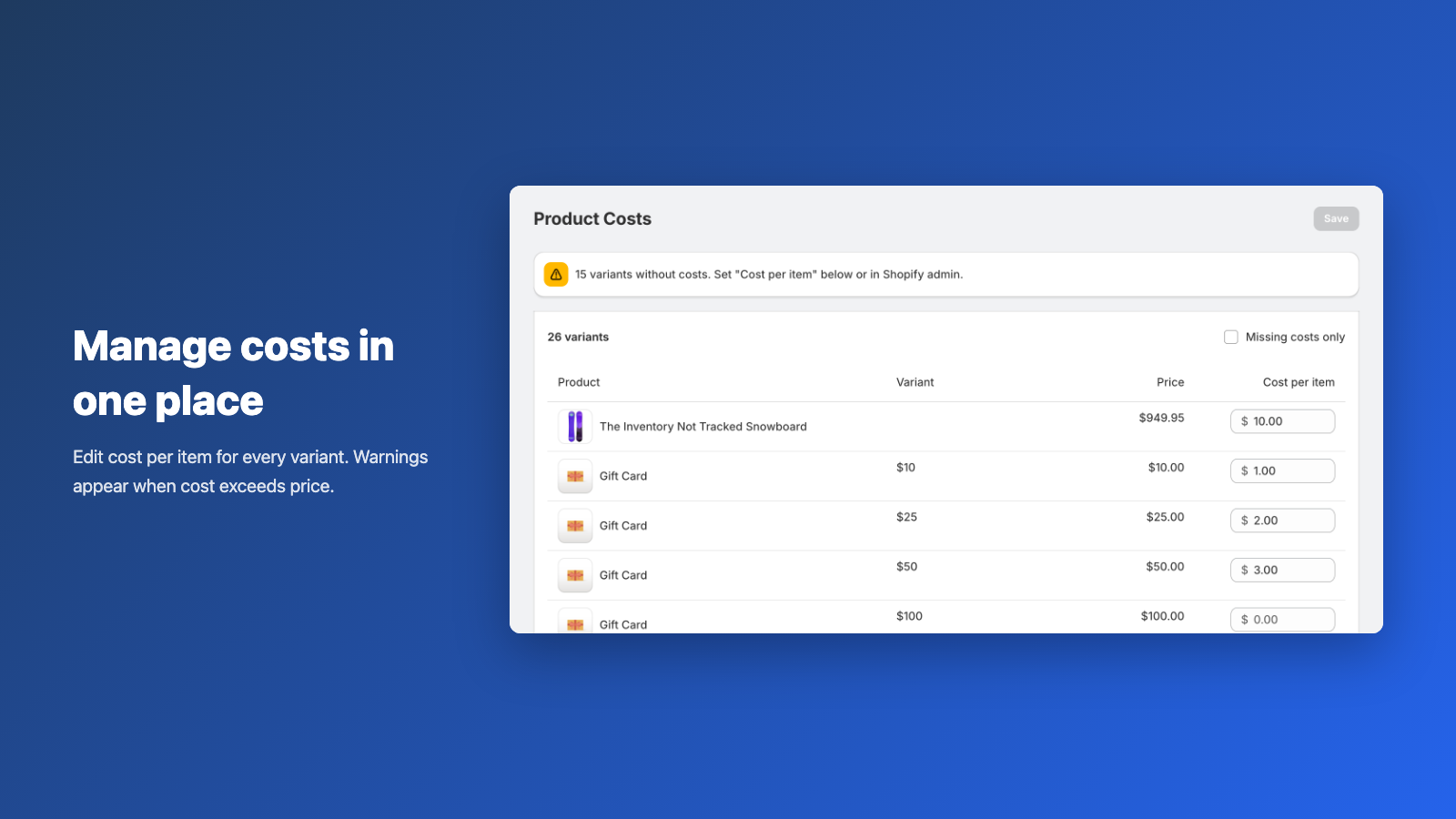 Product costs page with price and cost per item for variants