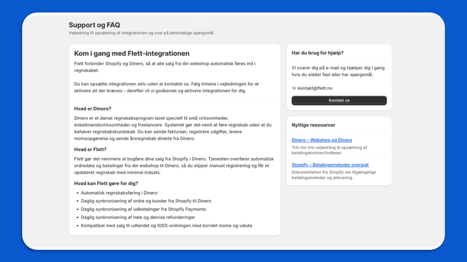 Dinero Shopify integration indstillinger