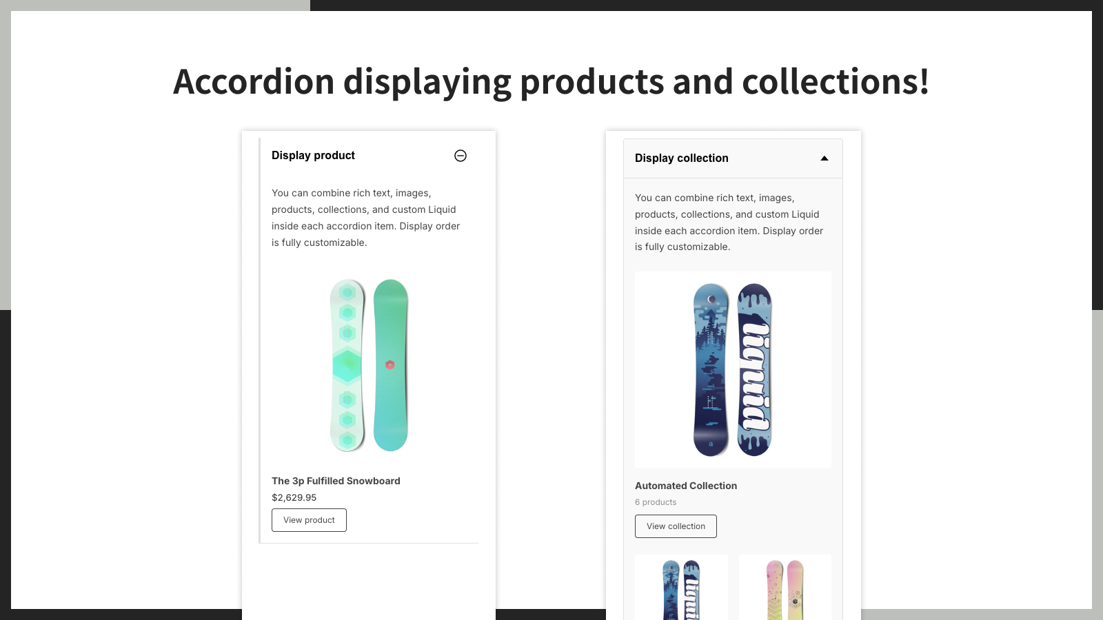 Accordion displaying products and collections!