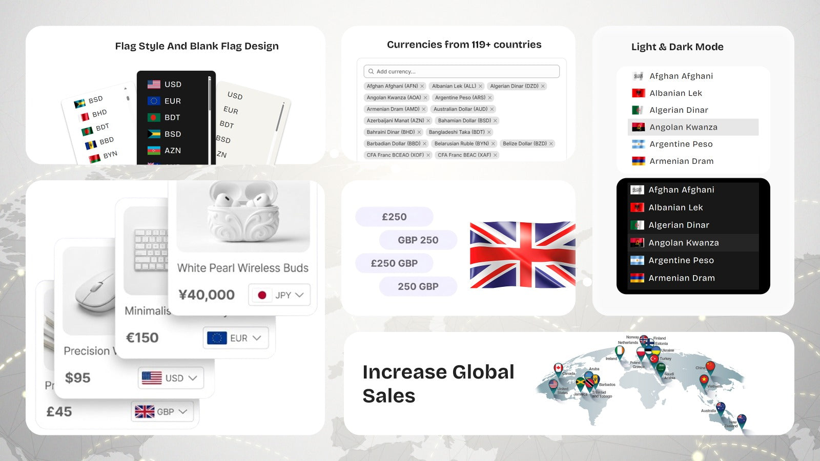 Floating currency switcher widget with country flags.