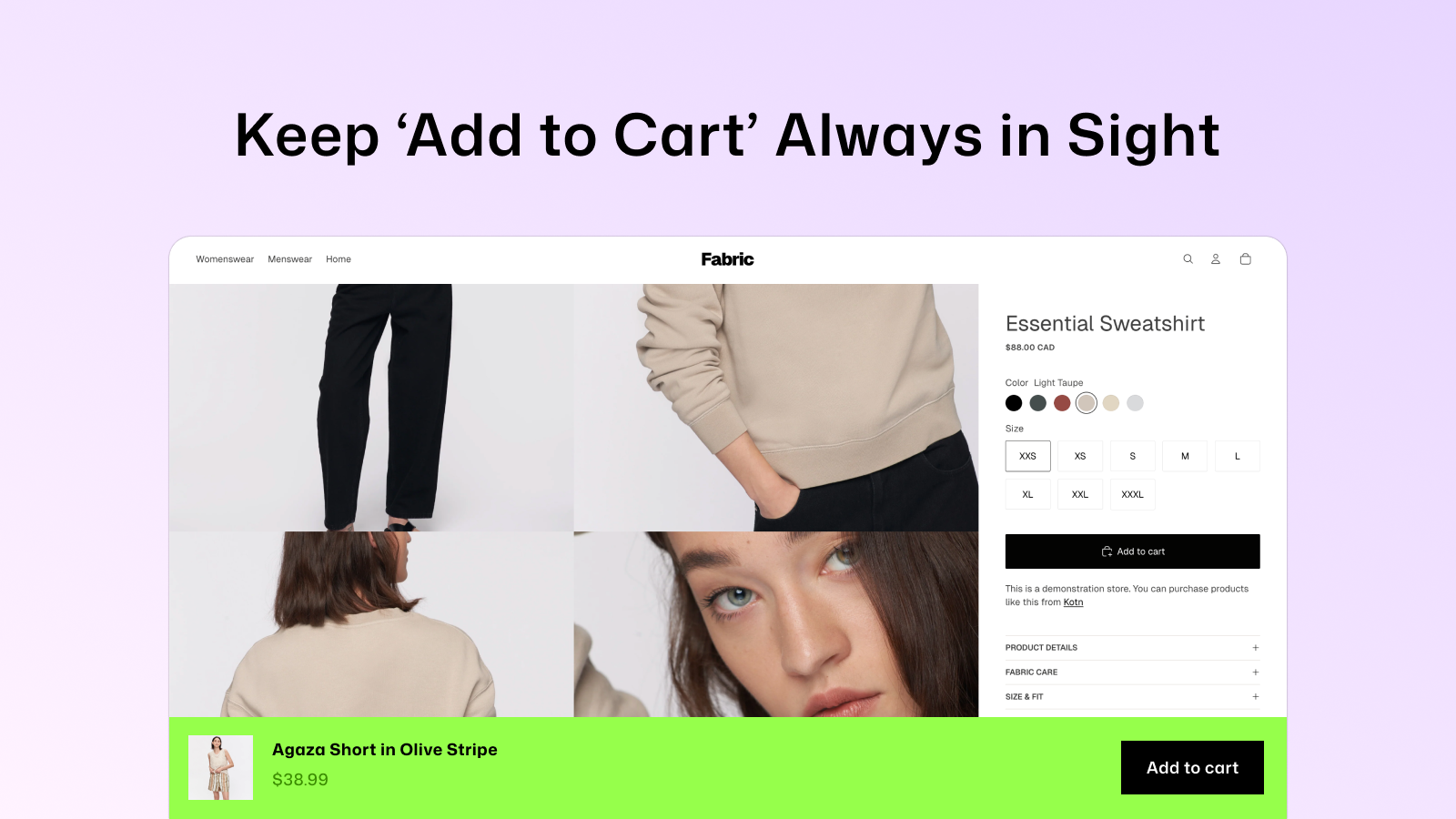 Stickify sticky add to cart bar on product page desktop