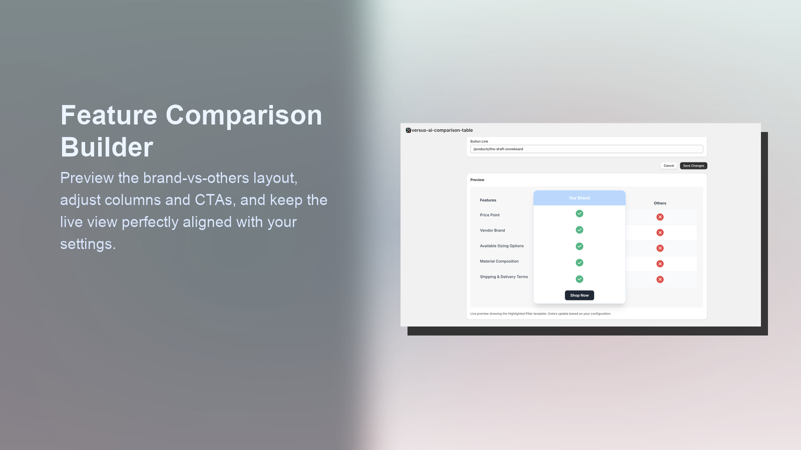 Feature comparison builder screen beside hero text.