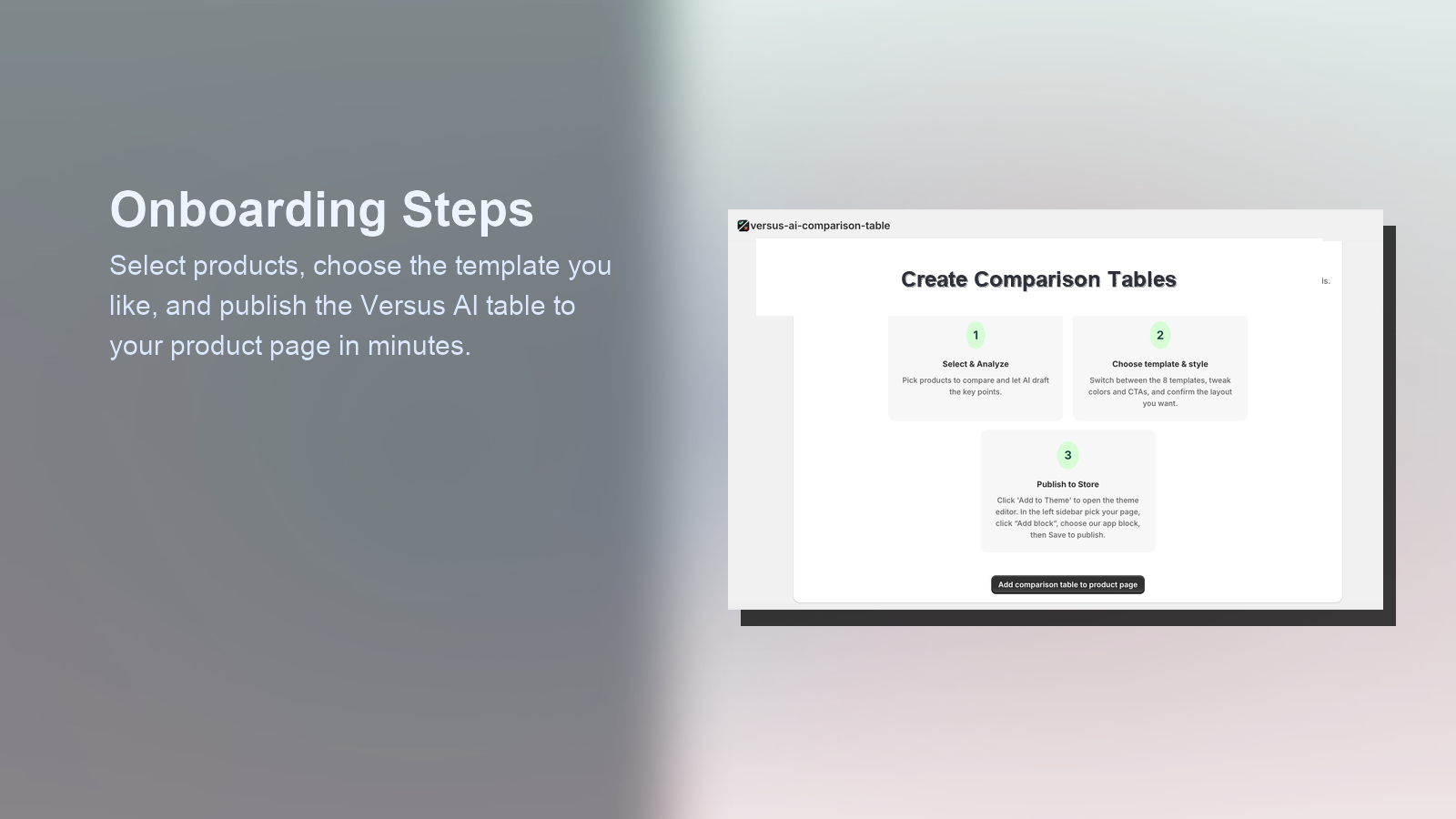 Onboarding steps screen beside hero text.