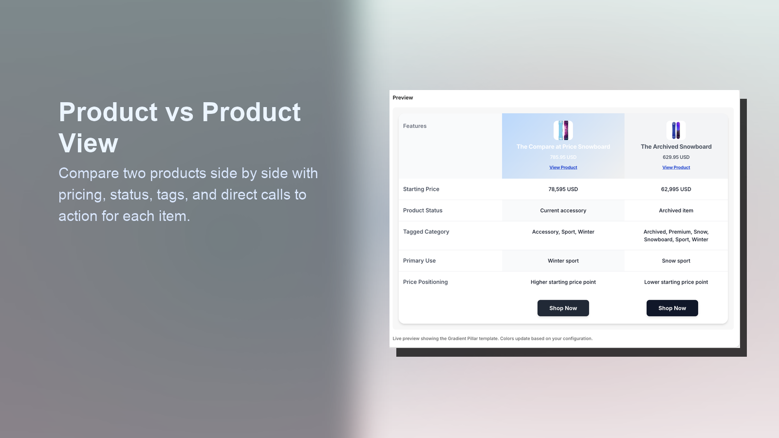 Two-product comparison table beside hero text