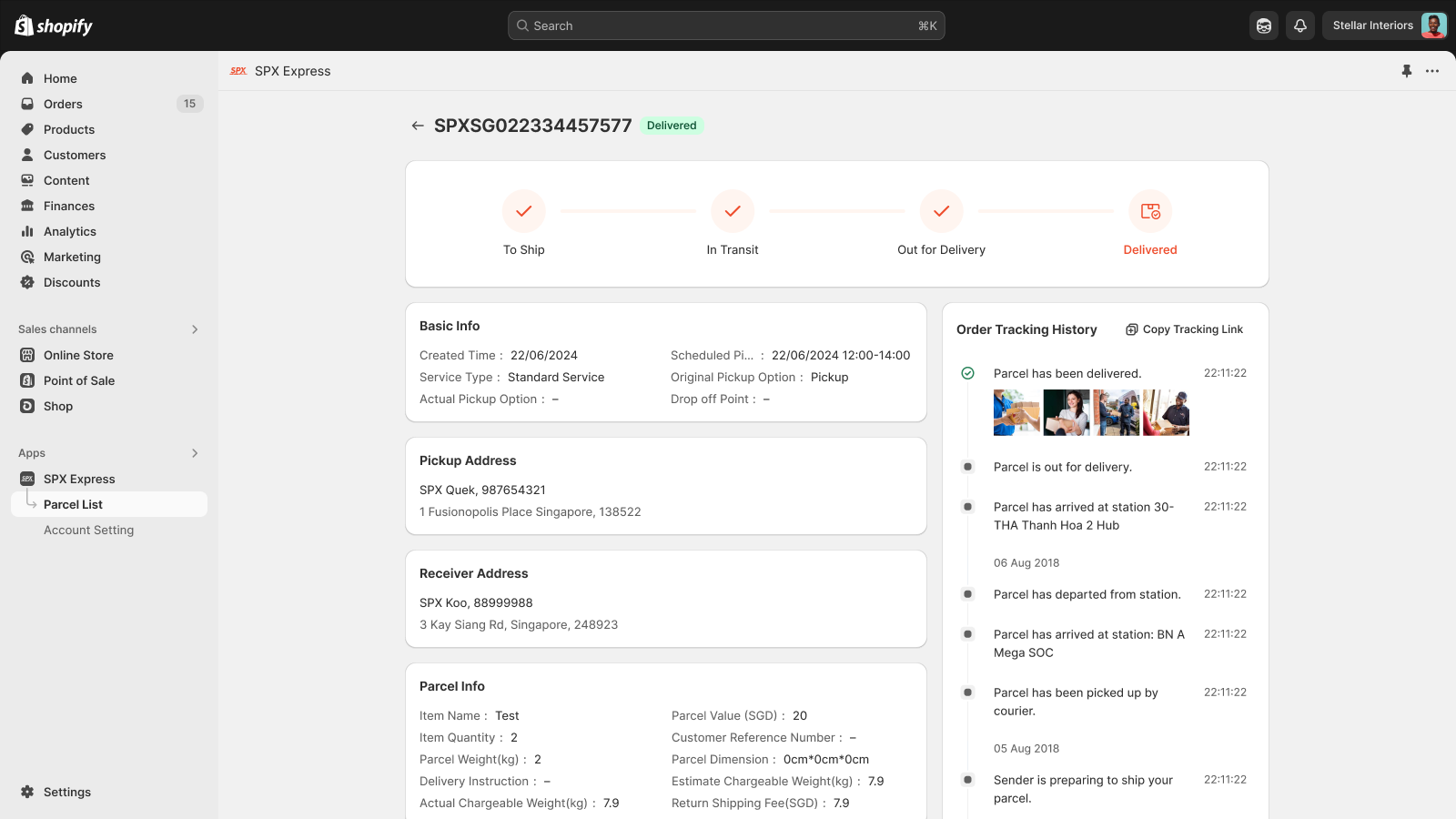 Order detail page for status tracking