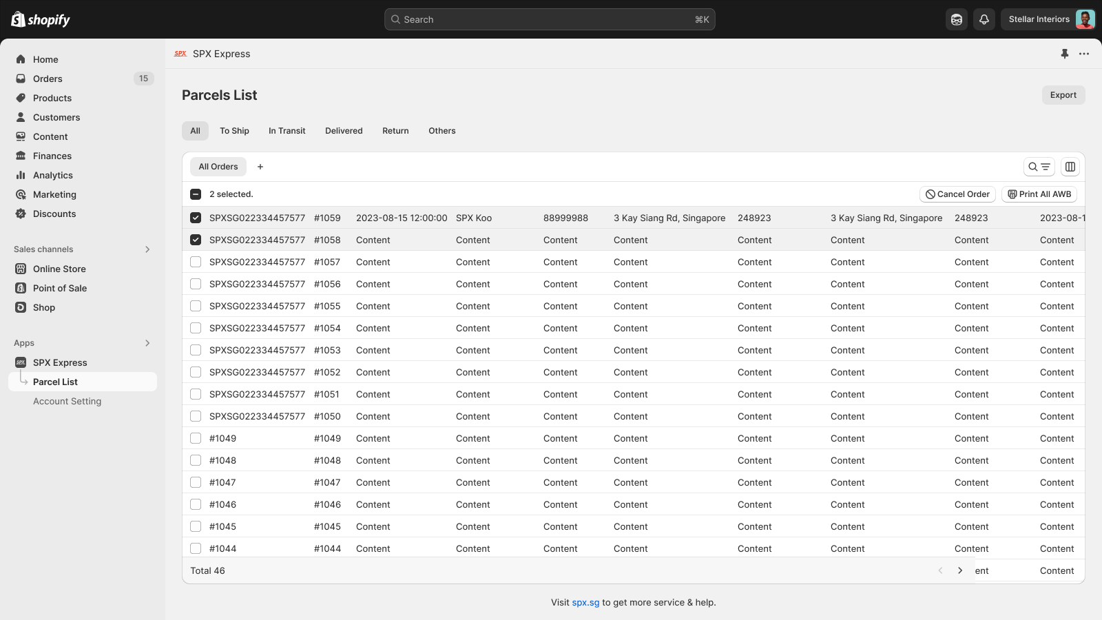 Parcels list for order tracking 