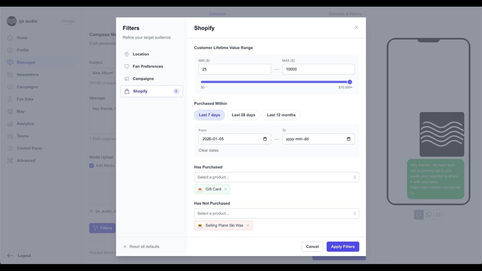 Filter by Customer Lifetime Value and purchase history.