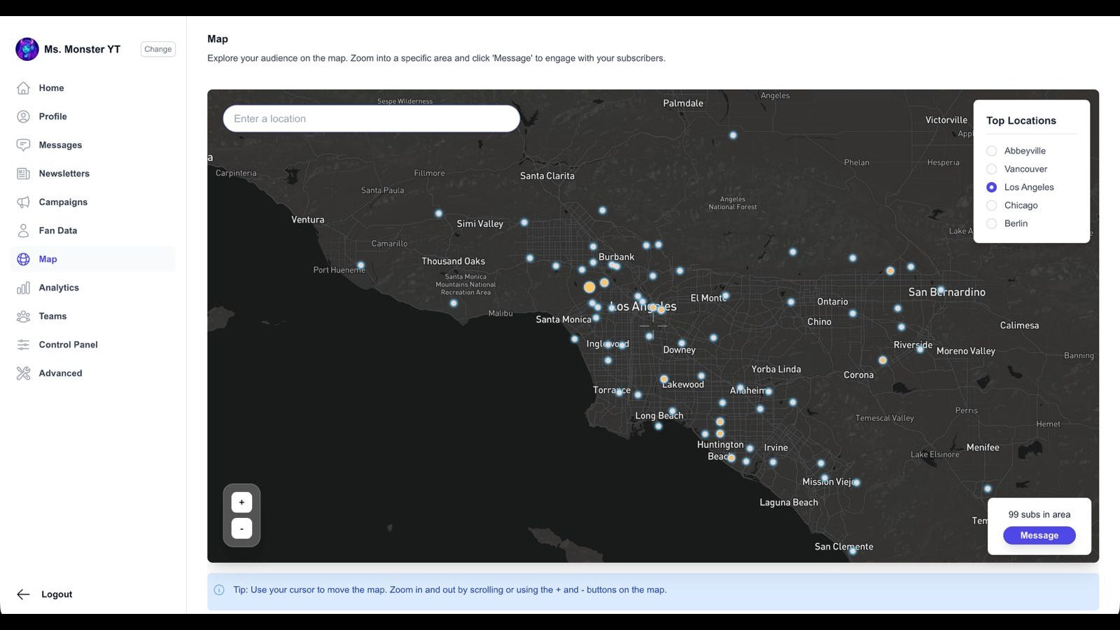 Geo-target subscribers with the interactive map view.