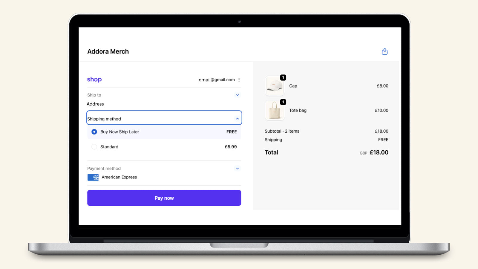 Checkout page with buy now ship later method
