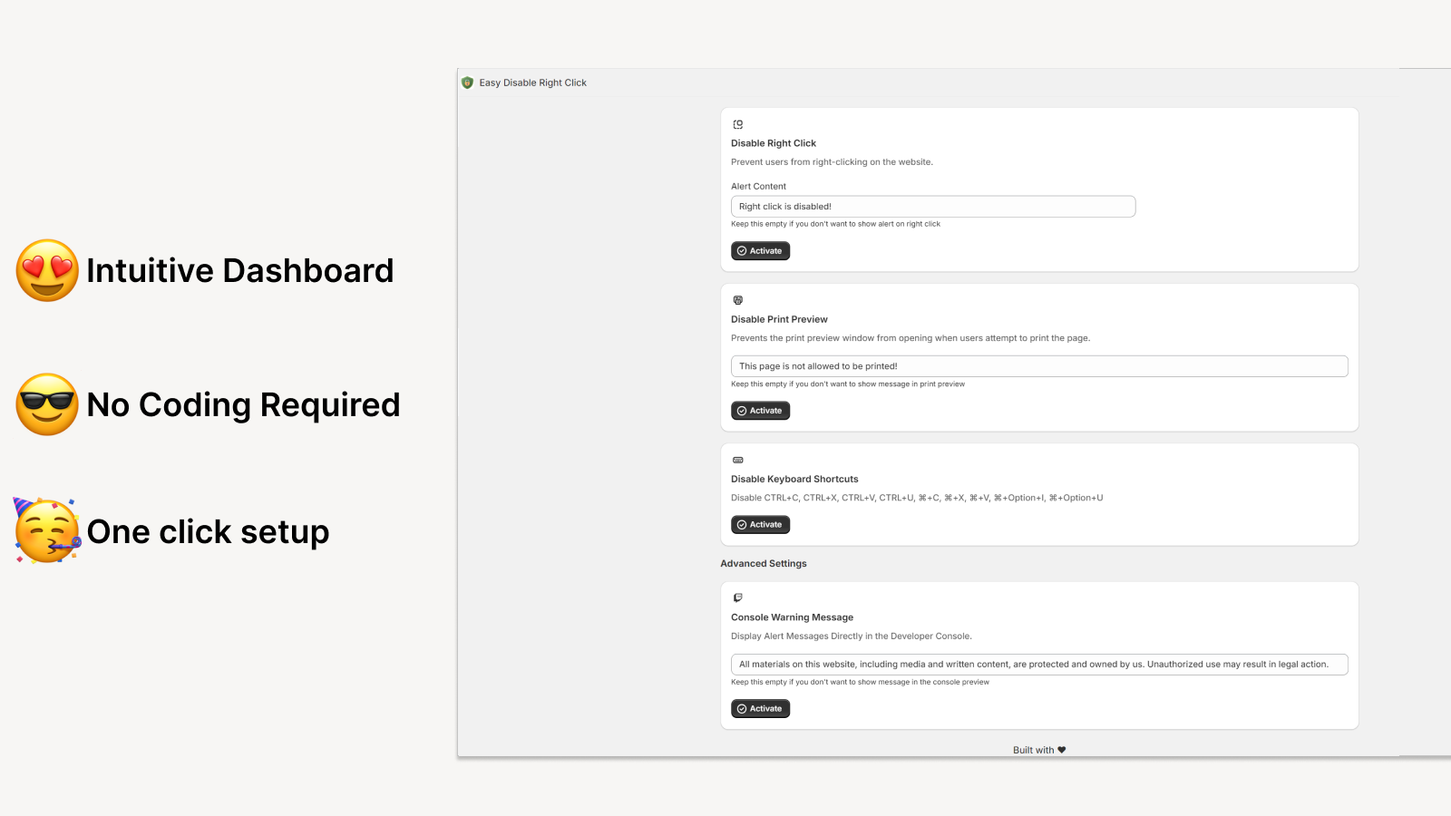 Disable right click for Shopify store