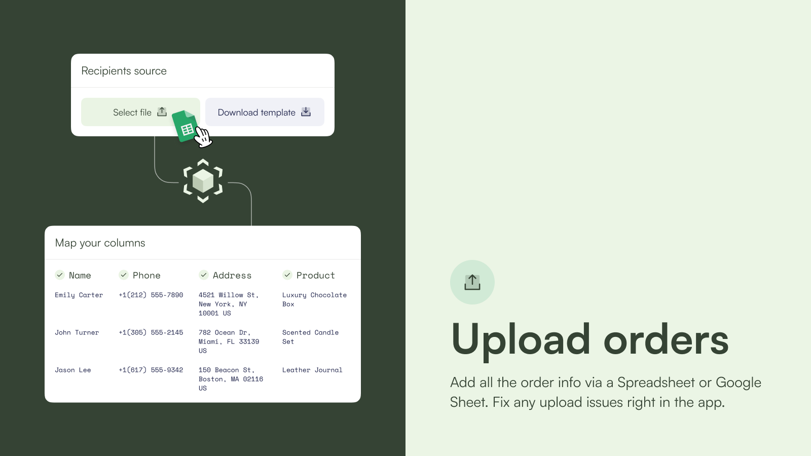 Upload 10s or 100s of orders with our intuitive spreadsheet tool