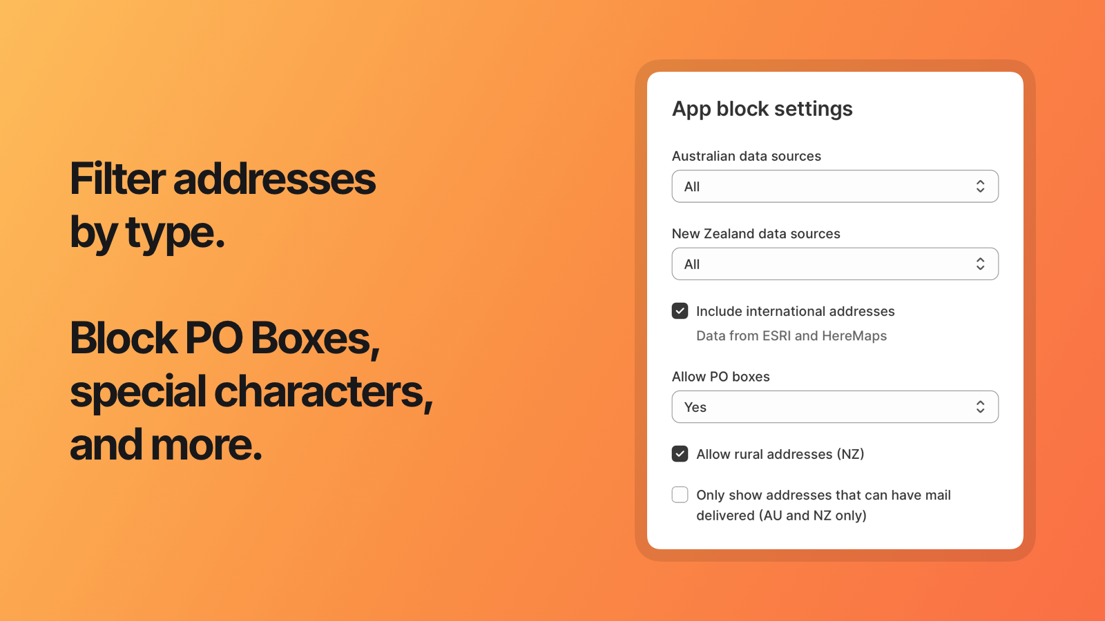 Filter addresses by type, block PO Boxes, special characters