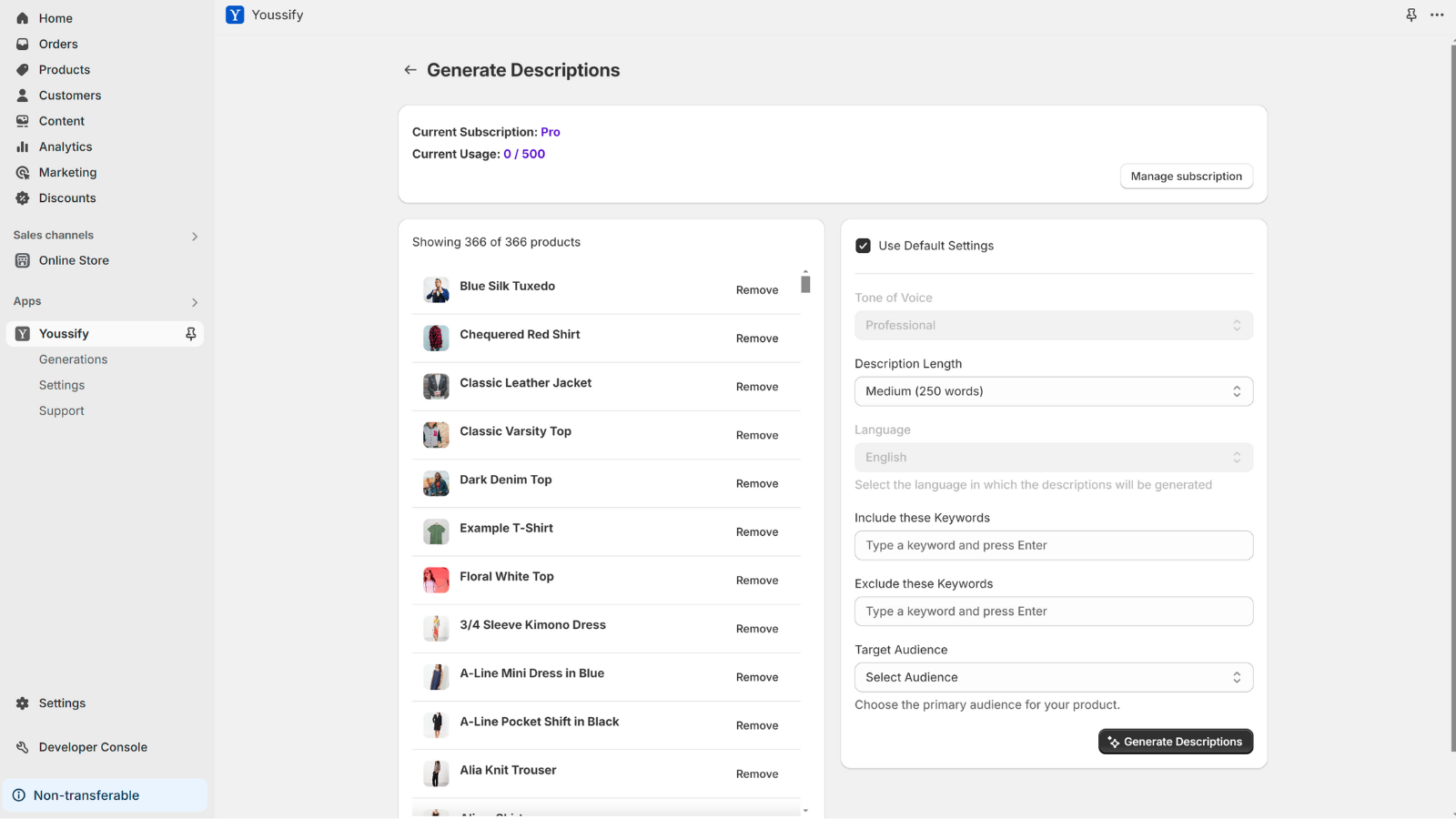 selected products list