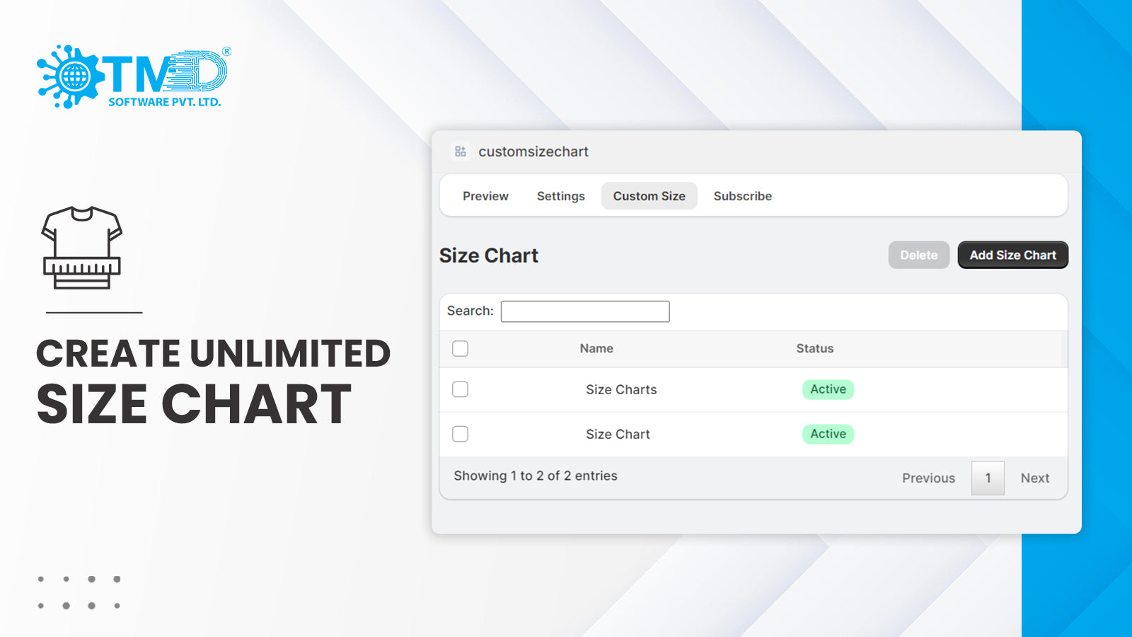Create Unlimited size charts for products and collection