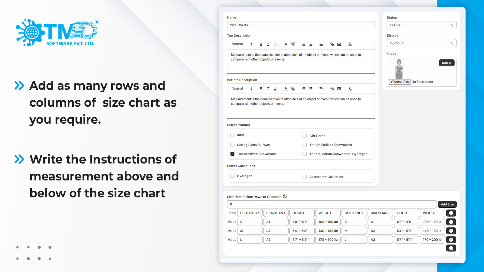Add as many rows and columns as you want in size chart