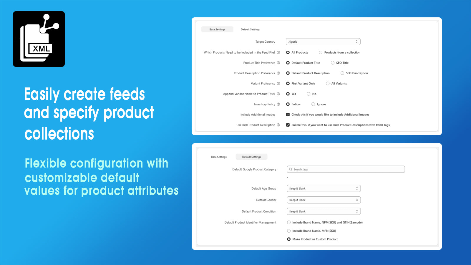 Easily create feeds and specify product collections