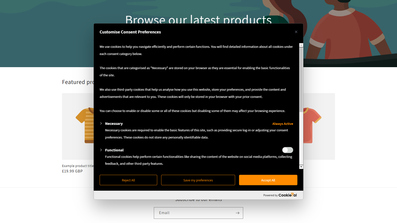 Test store with the CookiePal preference center (opened banner)