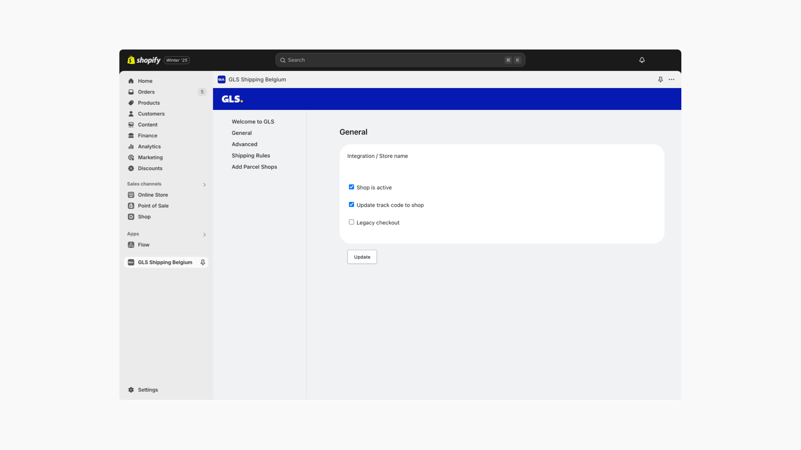 General settings for GLS Shipping in Shopify.