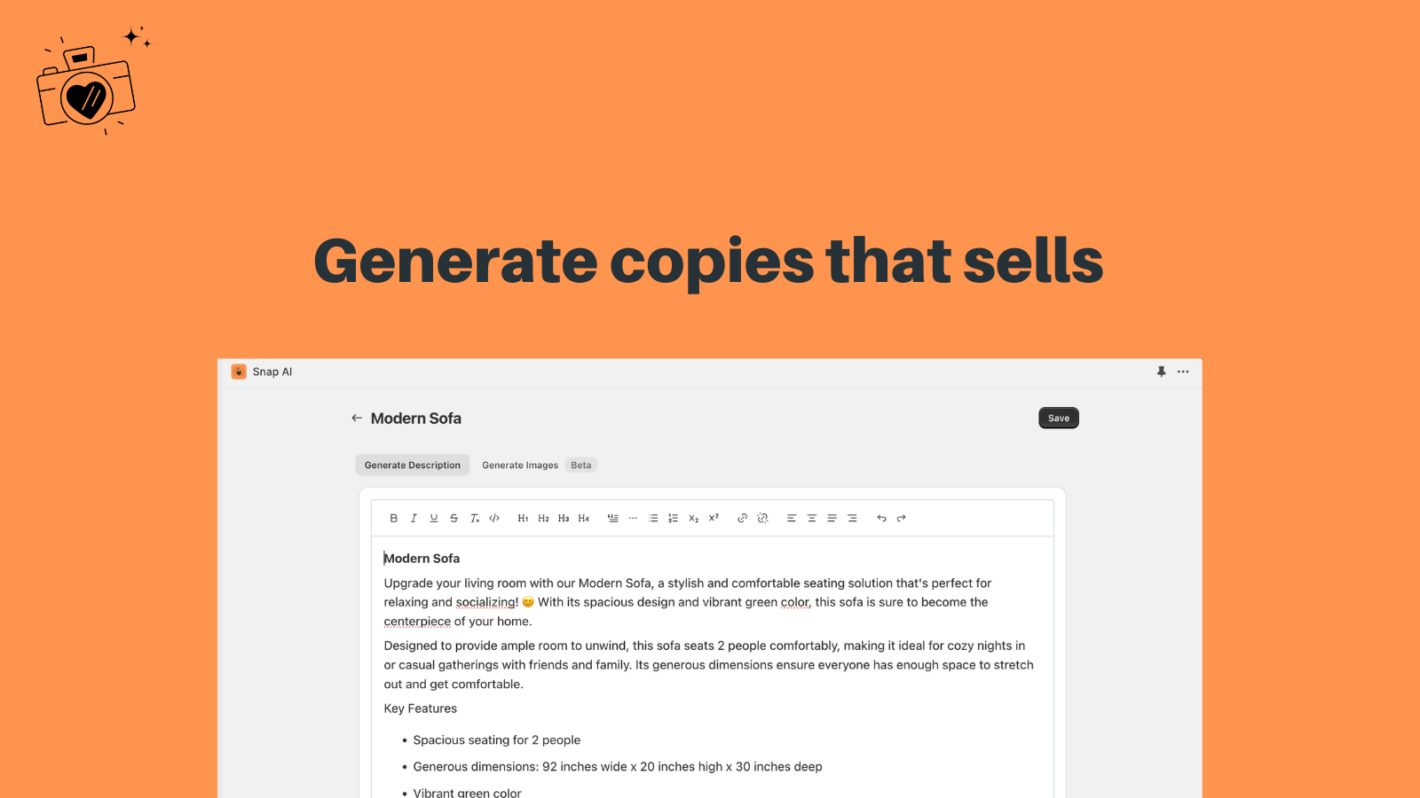 Generate description button and a rich text editor