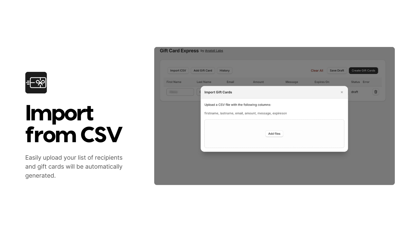 Import modal showing file upload area and required columns