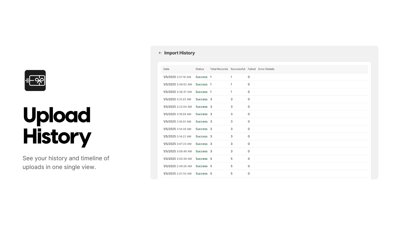Success log showing timeline of completed gift card uploads