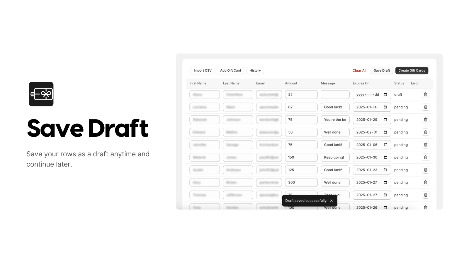 Gift card entry table with notification showing draft saved