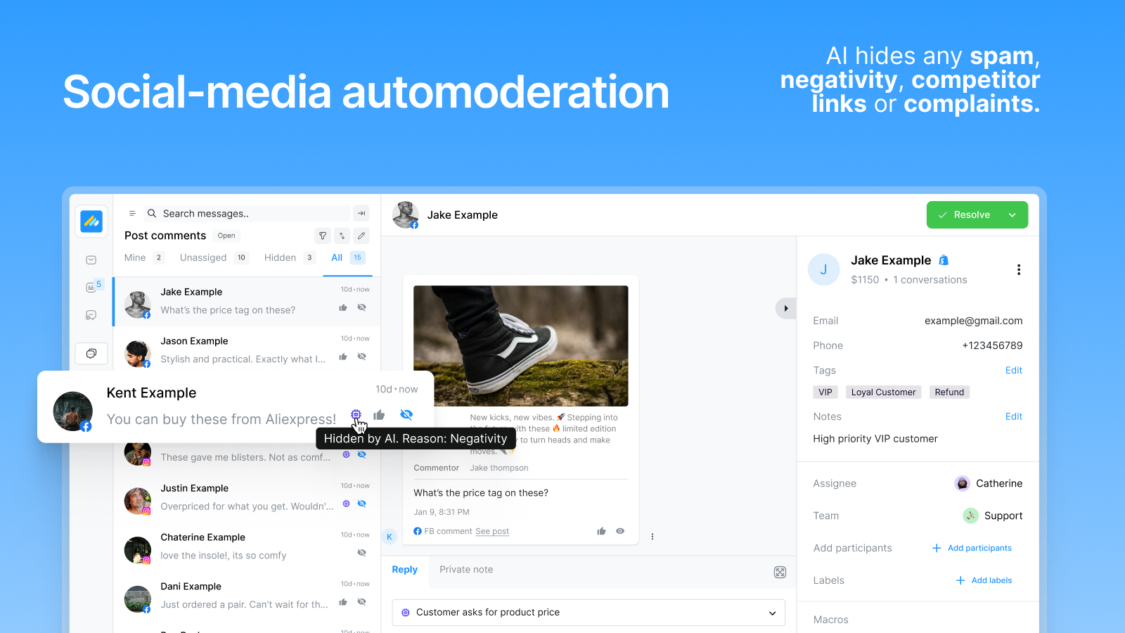 Helpdesk & chat with social-media automoderation