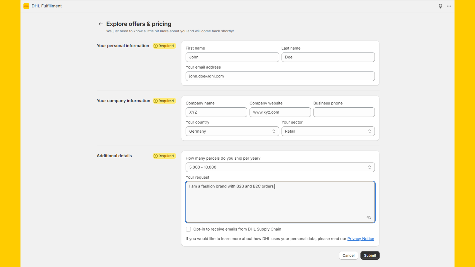 Submit your request to get an offer from DHL