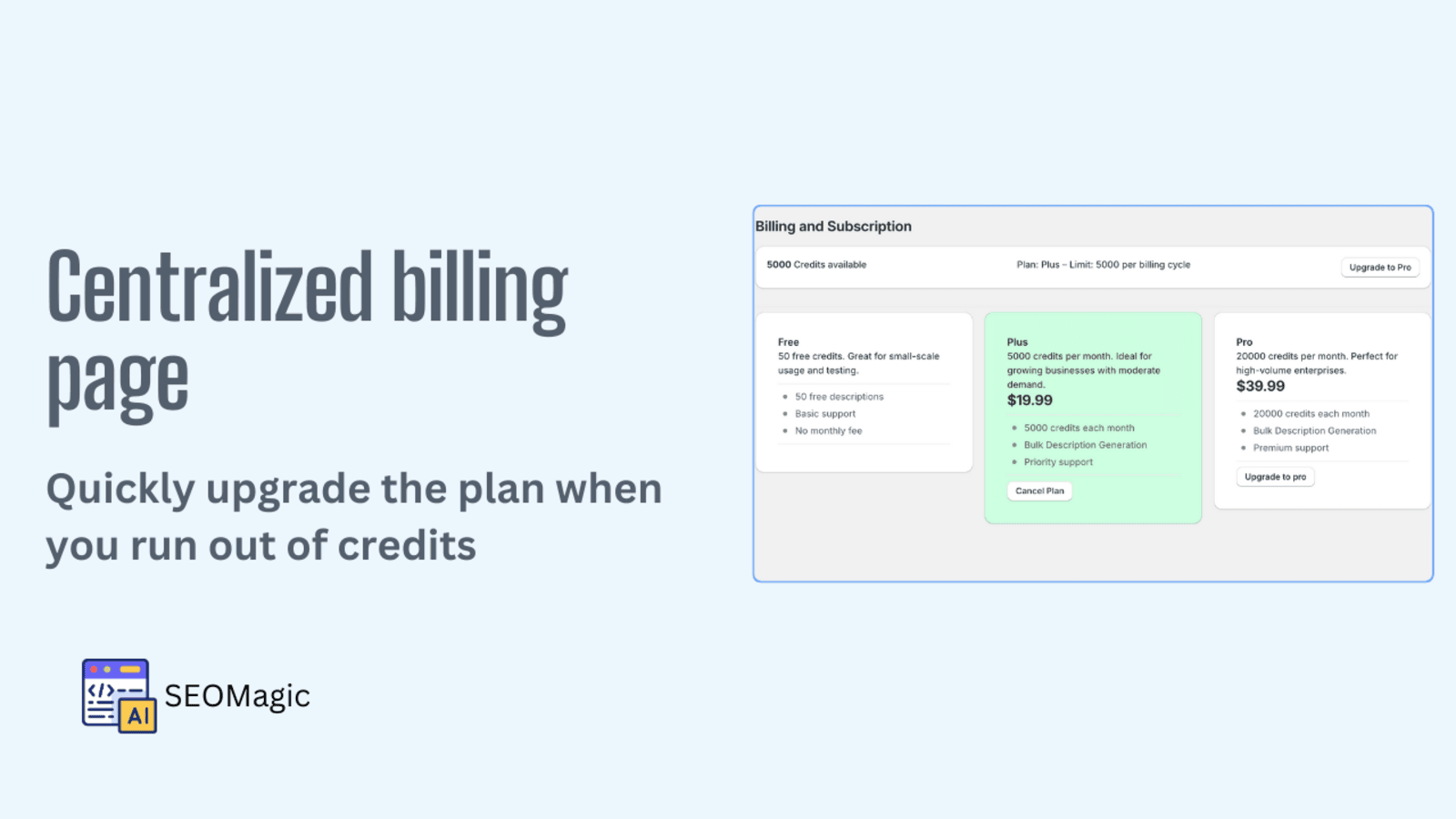 SEOMagic : Centralized billing page to manage credits