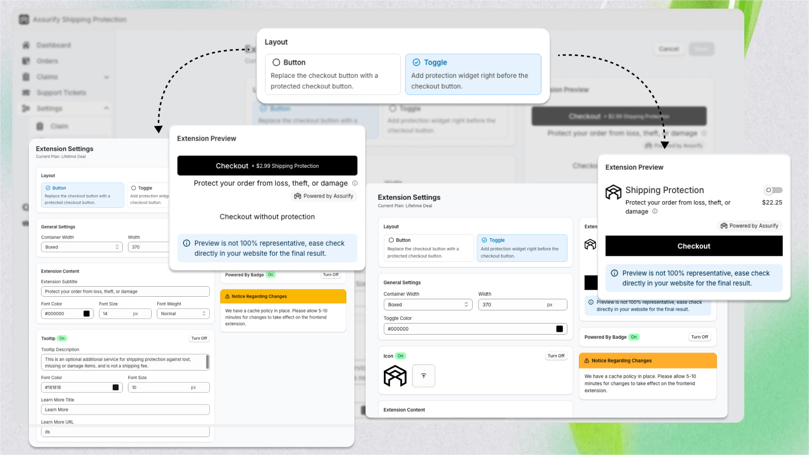 Assurify option panel with user preferences options for checkout