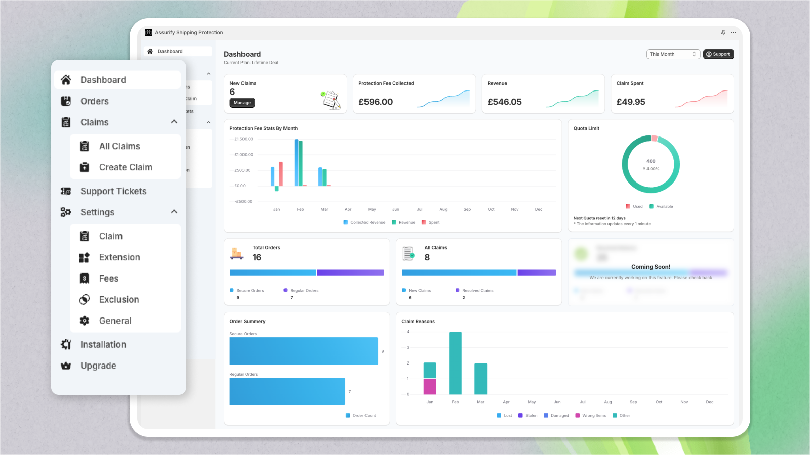 Assurify Shipping Insurance dashboard displaying analytics